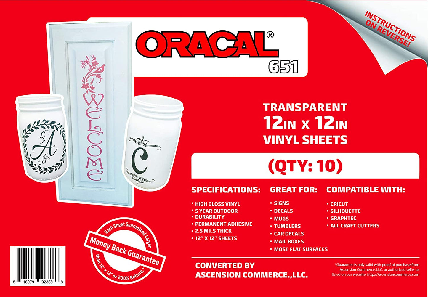 (10 Sheets) Oracal 651 Transparent Adhesive Craft Vinyl for Cricut, Silhouette, Cameo, Craft Cutters, Printers, and Decals - 12" x 12" - Gloss Finish - Outdoor and Permanent - (For 12 piece(s))