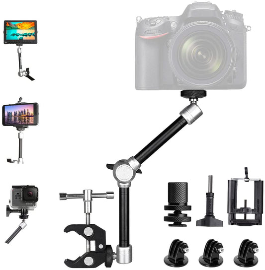 11" Adjustable Heavy Duty Robust Magic Arm, DSLR Mirrorless Action Camera Camcorder Smartphone LCD Monitor Video Light Vlog Rig w/ Desk Pole Clamp Holder Mounts Kit fit for GoPro iPhone (10 lbs Load) - (For 6 piece(s))