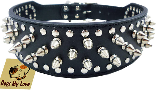 19"-22" Black Faux Leather Spiked Studded Dog Collar 2" Wide, 37 Spikes 60 Studs, Pitbull, Boxer - (For 8 piece(s))