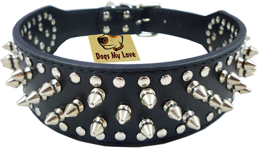 19"-22" Black Faux Leather Spiked Studded Dog Collar 2" Wide, 37 Spikes 60 Studs, Pitbull, Boxer - (For 8 piece(s))