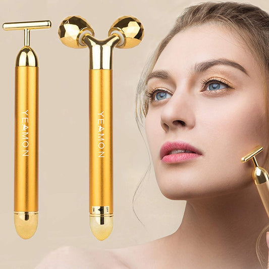 2 in 1 Face Massager Golden Facial Electric 3D Roller and T Shape Arm Eye Nose Massager Skin Care Tools - (For 8 piece(s))