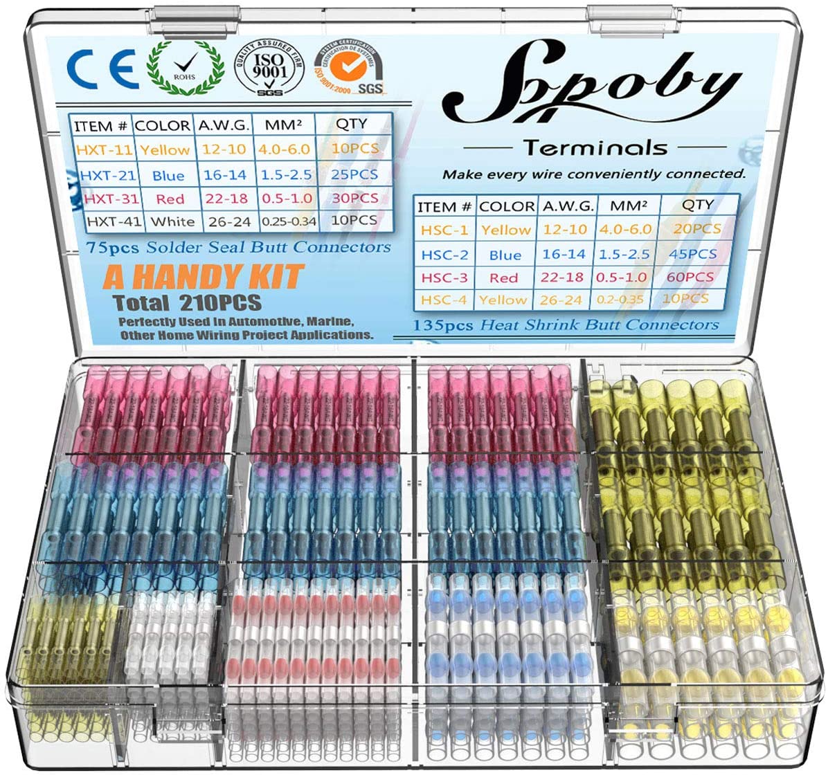 210pcs Heat Shrink Wire Connectors Sopoby 135 pcs Heat Shrink Crimp Butt Connectors Mixed with 75 pcs Solder Seal Wire Connectors 26-10GA Electrical Connectors Waterproof Assorted Wire cnectors Kit - (For 8 piece(s))