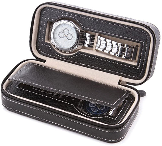 Aco&bebe House Black Zippered Watches Box Travel Case - Watch Organizer Collection - Top Grade Carbon Fibre PU Leather - (For 8 piece(s))