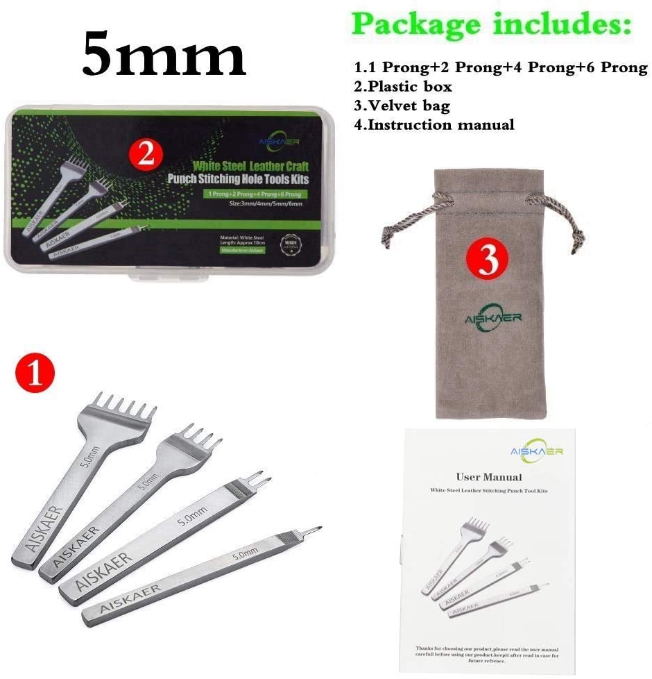Aiskaer White Steel 5mm 1/2/4/6 Prong DIY Diamond Lacing Stitching Chisel Set Leather Craft Kits - (For 8 piece(s))