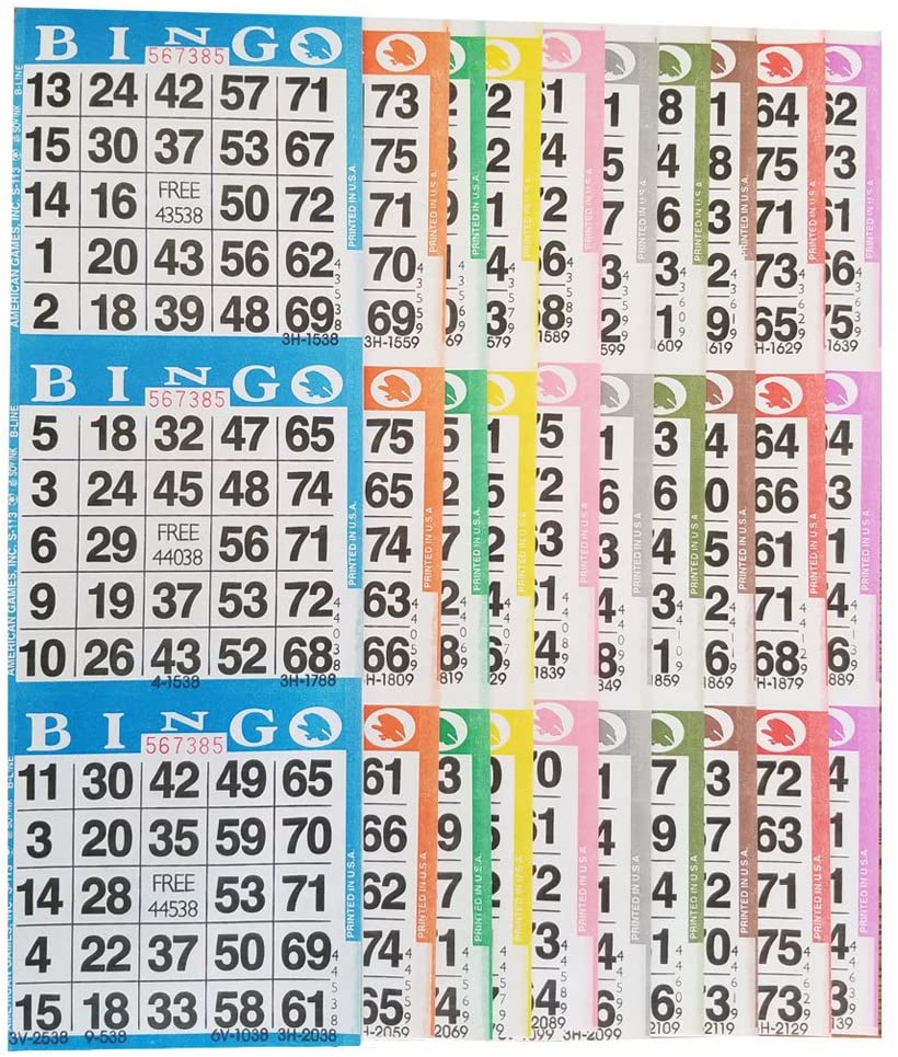 American Games Bingo Paper Game Cards – 3 Card – 10 Bingo Sheets – 100 Books – 10 Colors, Made in USA - (For 8 piece(s))