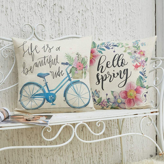 Anickal Spring Pillow Covers 18x18 Inch Set of 4 for Spring Decorations Hello Spring Wreath Bicycle Butterfly Decorative Throw Pillow Covers for Spring Home Farmhouse Decor - (For 8 piece(s))