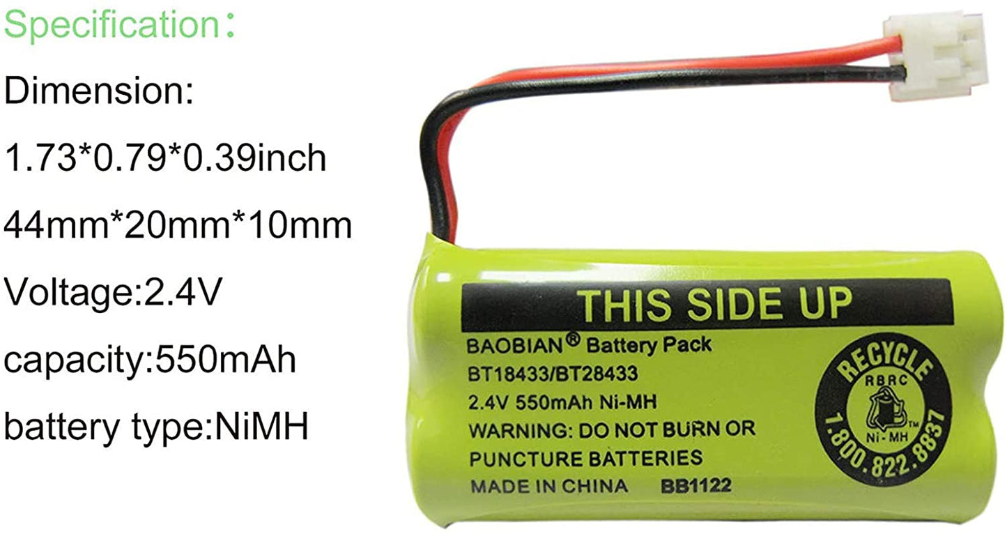 BAOBIAN BT18433 BT28433 Cordless Phone Battery Compatible with AT&T/Lucent BT-18433 BT-184342 BT-28433 BT-284342 BT-6010 BT-8000 BT-8001 BT-8300 Empire CPH-515D CPH515D 2.4V 550mAh Ni-MH(Pack of 3) - (For 12 piece(s))