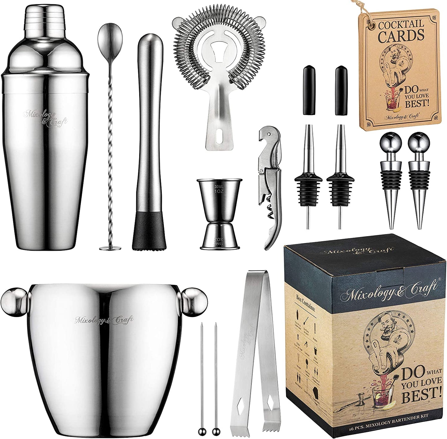 Bar Set 15 Piece Mixology Bartender Kit - Cocktail Shaker Set Bar Tool Set for Home and Professional Bartending - Martini Shaker and Drink Mixing Bar Tools - Cocktail Kit w/Exclusive Recipes Bonus - (For 6 piece(s))