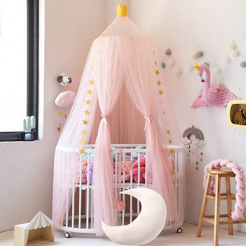 Bed Canopy for Kids Room, Didihou Yarn Play Tent Bedding for Kids Playing Reading with Children Round Lace Dome Netting Curtains Baby Boys and Girls Games House (Peach) - (For 6 piece(s))