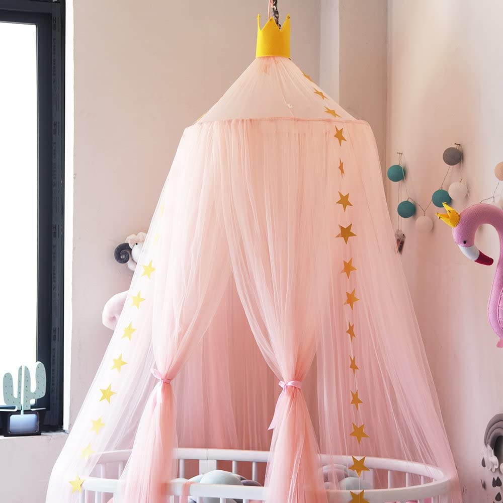 Bed Canopy for Kids Room, Didihou Yarn Play Tent Bedding for Kids Playing Reading with Children Round Lace Dome Netting Curtains Baby Boys and Girls Games House (Peach) - (For 6 piece(s))