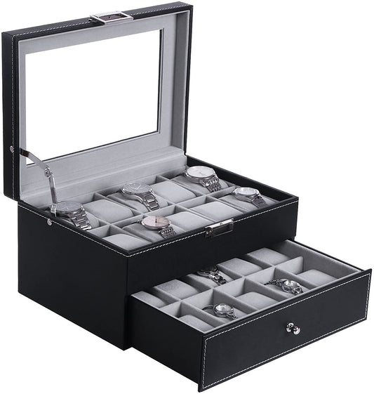 BEWISHOME Watch Box Organizer 20 Men Display Storage Case Metal Hinge Black PU Leather Glass Top Large Holder SSH04B - (For 6 piece(s))