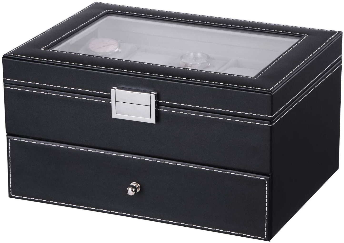 BEWISHOME Watch Box Organizer 20 Men Display Storage Case Metal Hinge Black PU Leather Glass Top Large Holder SSH04B - (For 6 piece(s))