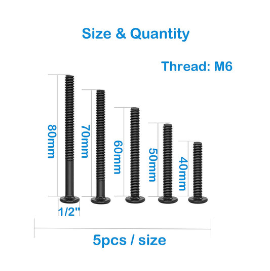 binifiMux 50pcs Black Hex Socket Cap Bolts Barrel Nuts Assortment Kit for Crib Baby Bed Cots Furniture, M6 x 40mm/ 50mm/ 60mm/ 70mm/ 80mm - (For 8 piece(s))