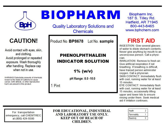 Biopharm Phenolphthalein pH Indicator 1% Solution 500 ml (16 oz) Bottle Plus 1 Dropper Bottle (2 oz) containing 50 ml of Solution - (For 8 piece(s))