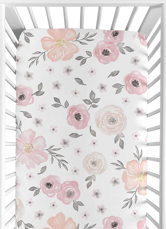 Blush Pink, Grey and White Baby or Toddler Fitted Crib Sheet for Watercolor Floral Collection by Sweet Jojo Designs - (For 8 piece(s))