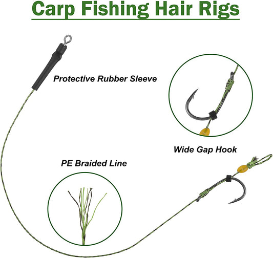 Carp Fishing Hair Rigs Kit, 24pcs Curve Carp Hooks Carp Fishing Bait Rigs Braided Thread Line Leader Carp Boilies carp Fishing Equipment - (For 8 piece(s))