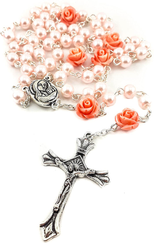 Catholic Pink Pearl Beads Rosary Necklace Our Rose Holy Soil Medal & Cross - (For 12 piece(s))