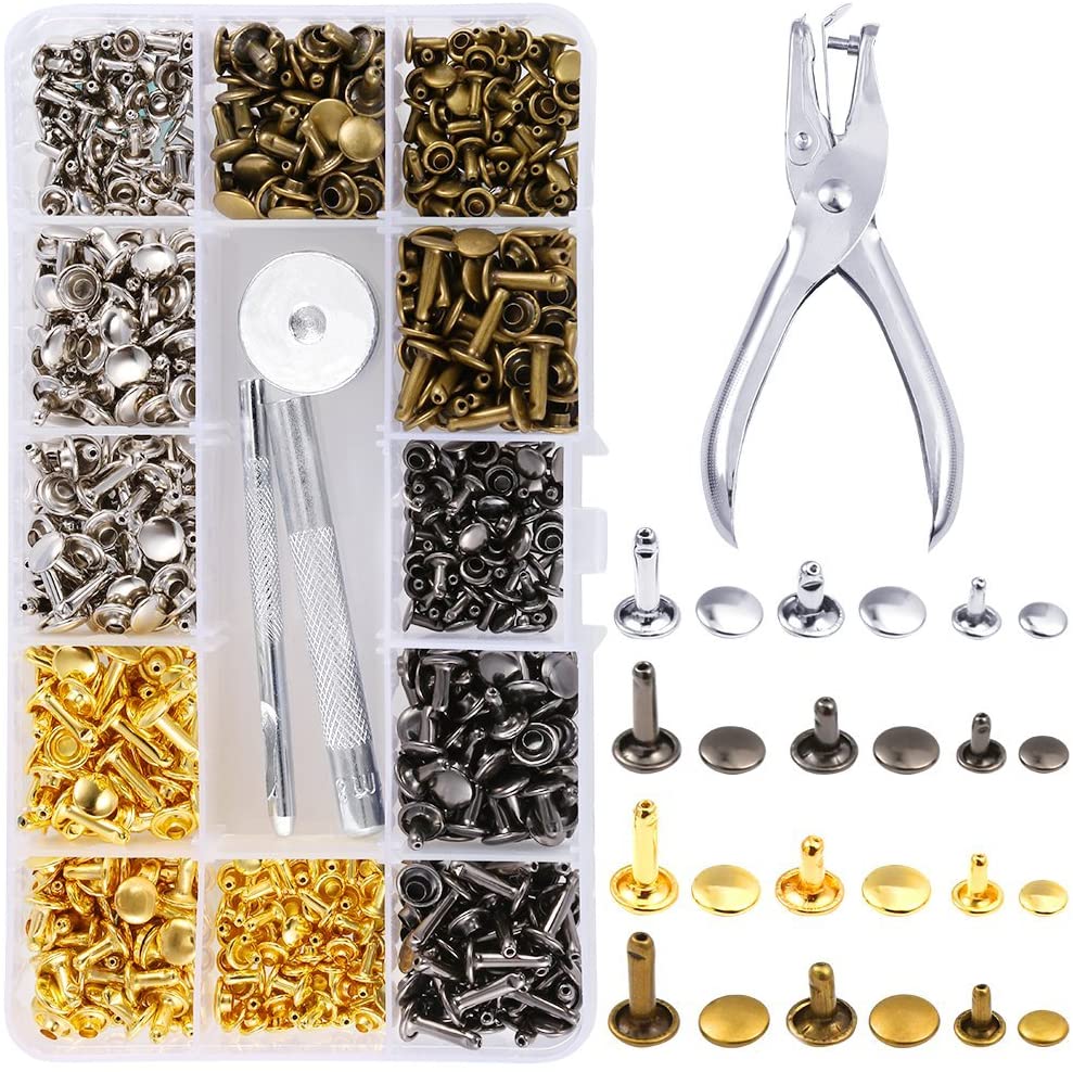 Caydo 360 Sets 3 Sizes Leather Rivets Double Cap Rivet Tubular Metal Studs with 4 Fixing Set Tools for DIY Leather Craft, 4 Colors (Gold, Silver and Bronze, Gunmetal) - (For 8 piece(s))