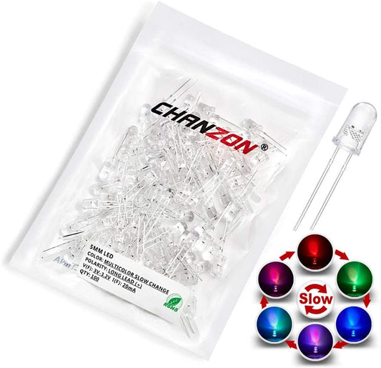Chanzon 100 pcs 5mm RGB Multicolor Slow Blinking (Multi Color Changing) Dynamics LED Diode Lights (Flashing Round DC) Bright Lighting Bulb Lamps Electronics Components Flicker Light Emitting Diodes - (For 12 piece(s))