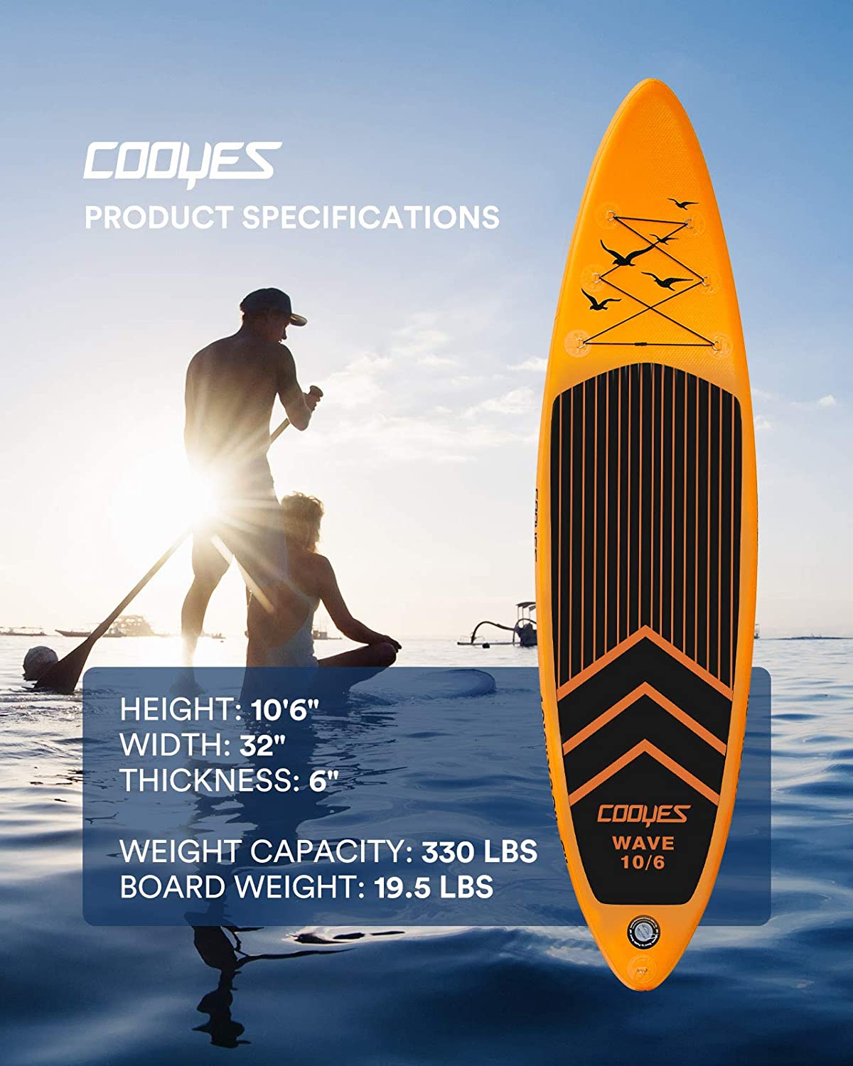 Cooyes Inflatable Stand Up Paddle Board 10'6" with Free Premium SUP Accessories & Backpack, Non-Slip Deck. Bonus Waterproof Bag, Leash, Paddle and Hand Pump - (For 1 piece(s))