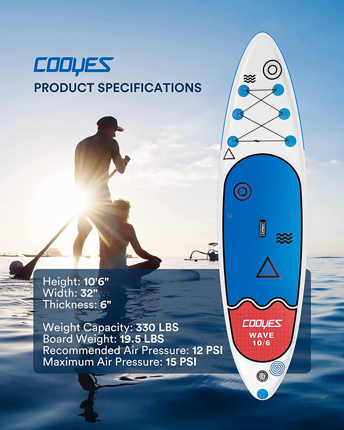 Cooyes Premium Inflatable Stand Up Paddle Board (6 inches Thick) with SUP Accessories & Backpack, Dry Bag, Adjustable Kayak Seat, Large Fin, Leash, Paddle and Pump, Standing Boat for Youth & Adult - (For 1 piece(s))