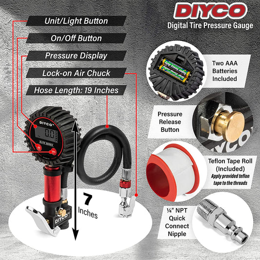 DIYCO D3 Plus Digital Tire Inflator with Pressure Gauge | 150 PSI (0.1 Res) | Interchangeable Air Chuck | 7-PCS Compressor Accessory Kit | Professional & Home Garage | Elite Series - (For 6 piece(s))