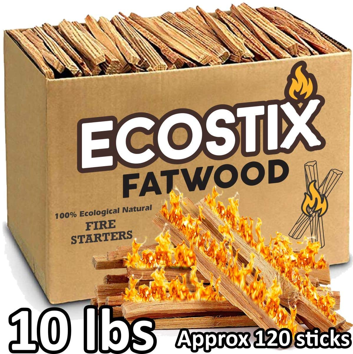 EasyGoProducts Approx. 120 Eco-Stix Fatwood Fire Starter Kindling Firewood Sticks – 100% Organic – Firestarter for Wood Stoves, Fireplaces, Campfires, Bonfires, 10 Lbs - (For 6 piece(s))