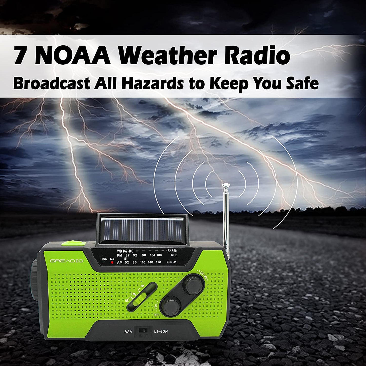 Emergency Weather Solar Crank AM/FM NOAA Radio with Portable 2000mAh Power Bank, Bright Flashlight and Reading Lamp for Household Emergency and Outdoor Survival (Green) - (For 6 piece(s))