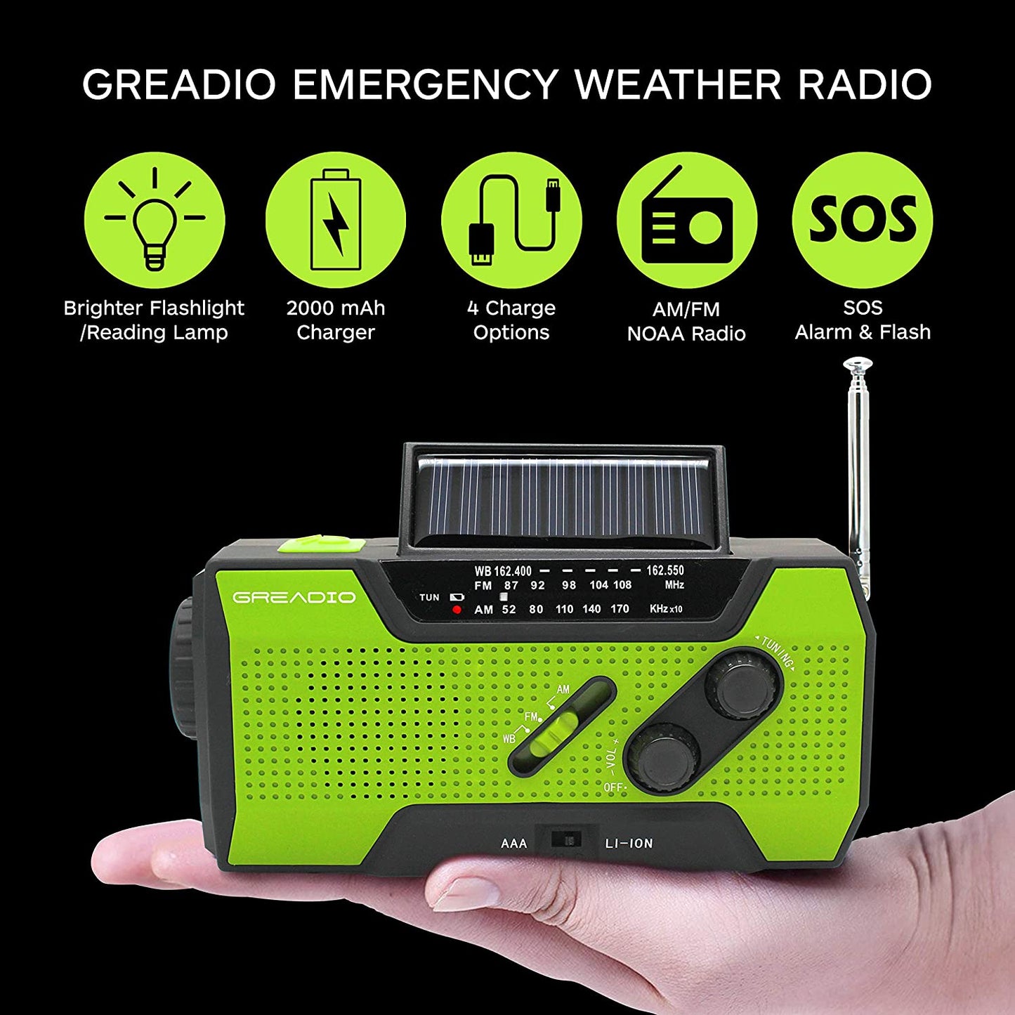 Emergency Weather Solar Crank AM/FM NOAA Radio with Portable 2000mAh Power Bank, Bright Flashlight and Reading Lamp for Household Emergency and Outdoor Survival (Green) - (For 6 piece(s))