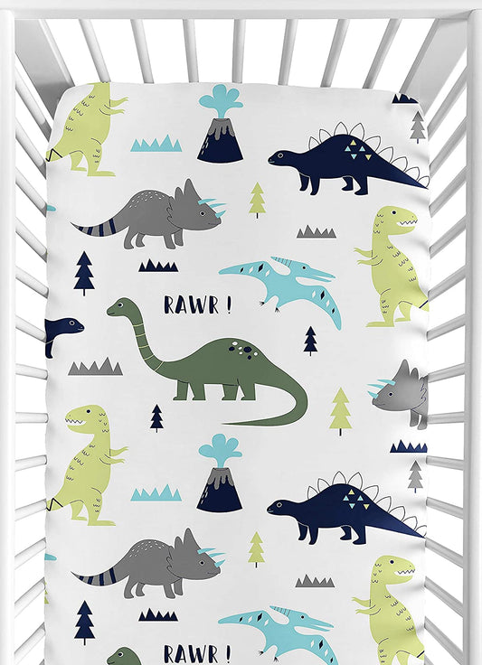 Fitted Crib Sheet for Blue and Green Modern Dinosaur Baby/Toddler Bedding Set Collection - Dinosaur Print - (For 8 piece(s))