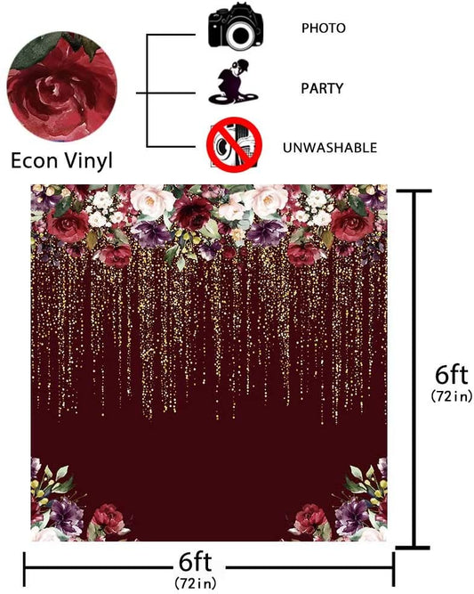 Funnytree 6x6ft Burgundy Red Flowers Backdrop Golden Glitter Floral Birthday Party Photography Background Bachelorette Bridal Shower Wedding Girl Anniversary Decorations Banner Photo Studio - (For 8 piece(s))