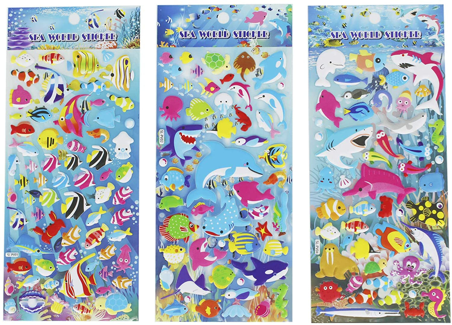 Happy Underwater Sea World Stickers 6 Sheets with Angelfish, Sharks, Starfish, Hippocampus - Foam Ocean World Fish Stickers for Kids Scarpbooking Crafts - 240 Stickers - (For 8 piece(s))
