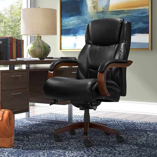 La-Z-Boy Delano Big & Tall Executive Office Chair | High Back Ergonomic Lumbar Support, Bonded Leather, Black with Mahogany Wood Finish | 45833A - (For 1 piece(s))