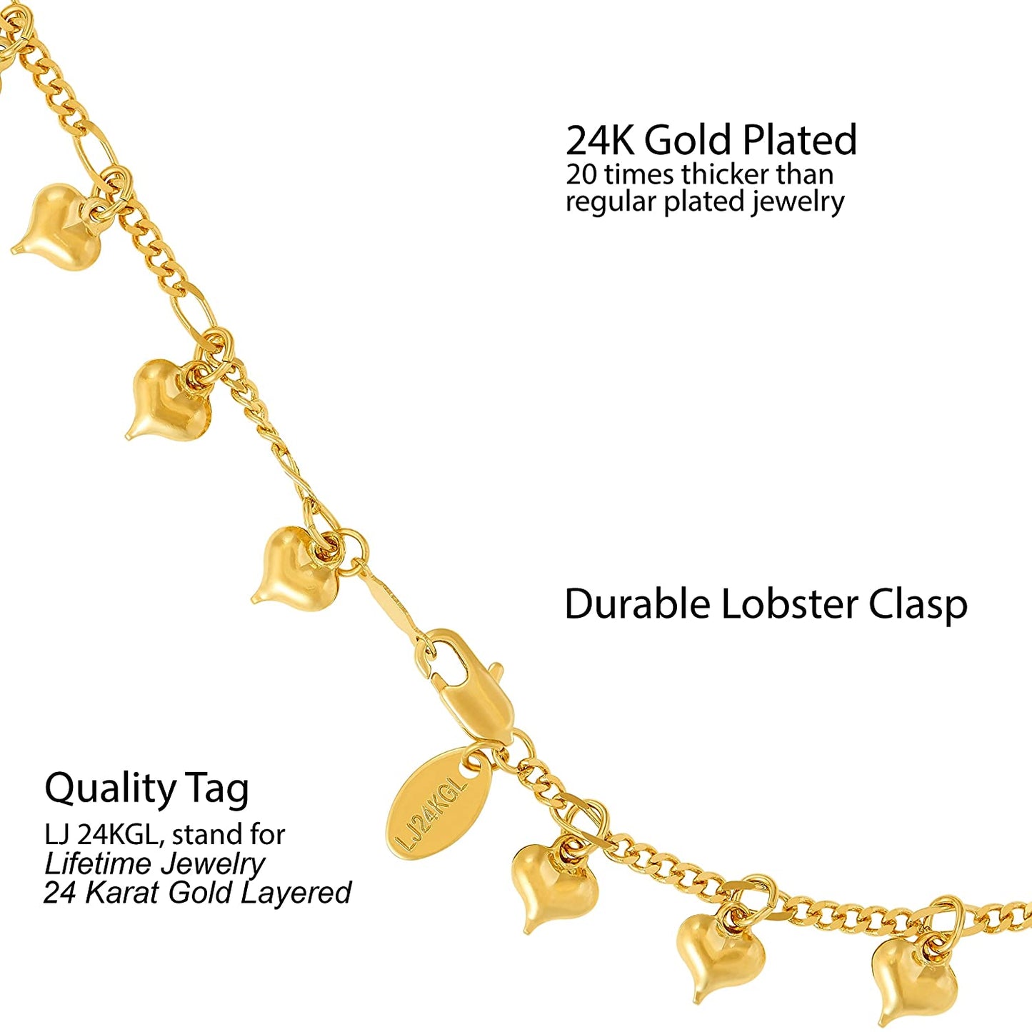 LIFETIME JEWELRY Dangling Hearts Anklet for Women & Teen Girls 24k Gold Plated - (For 6 piece(s))