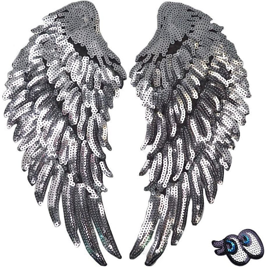 LOVEINUSA Sequin Wings Set, 1 Pair of Wings Sequins Patches Silver Applique Wing Applique Iron On Wings Chanel Patches for Clothes Jackets Jeans Dress Hat DIY Accessory - (For 12 piece(s))