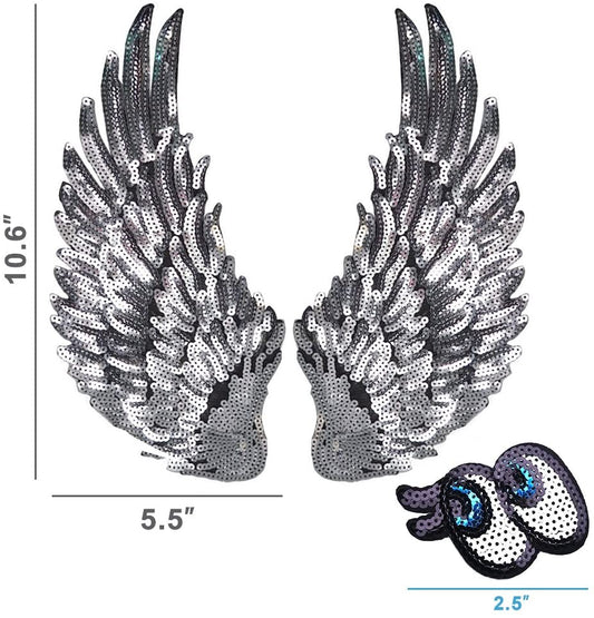 LOVEINUSA Sequin Wings Set, 1 Pair of Wings Sequins Patches Silver Applique Wing Applique Iron On Wings Chanel Patches for Clothes Jackets Jeans Dress Hat DIY Accessory - (For 12 piece(s))