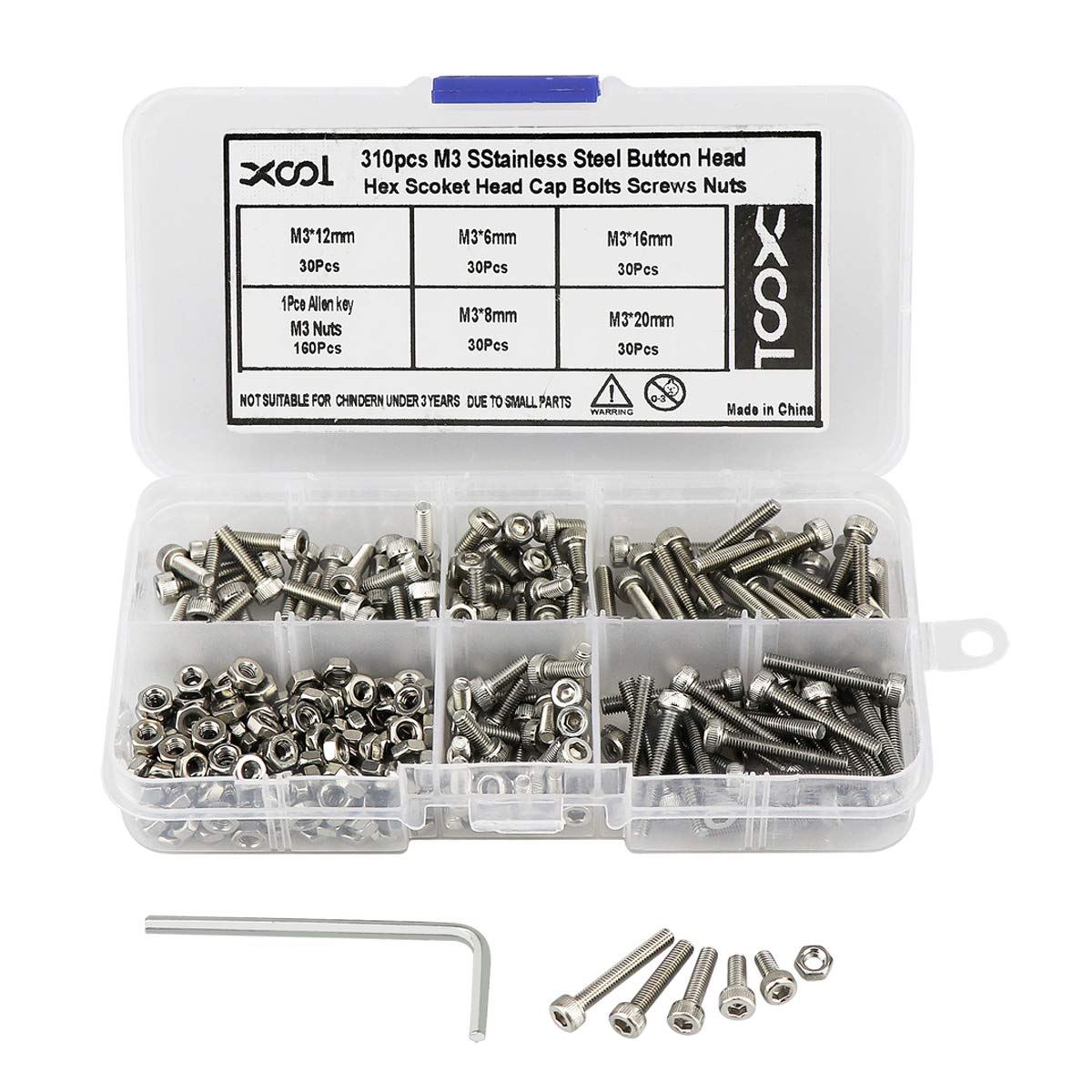 M3 Stainless Steel Hex Socket Head Cap Screws Nuts Assortment Kit, Allen Wrench Drive, Precise Metric Bolts and Nuts Set with Beautiful Assortment Tool Box for 3D Printed Project, 310 Pcs (Silver) - (For 8 piece(s))