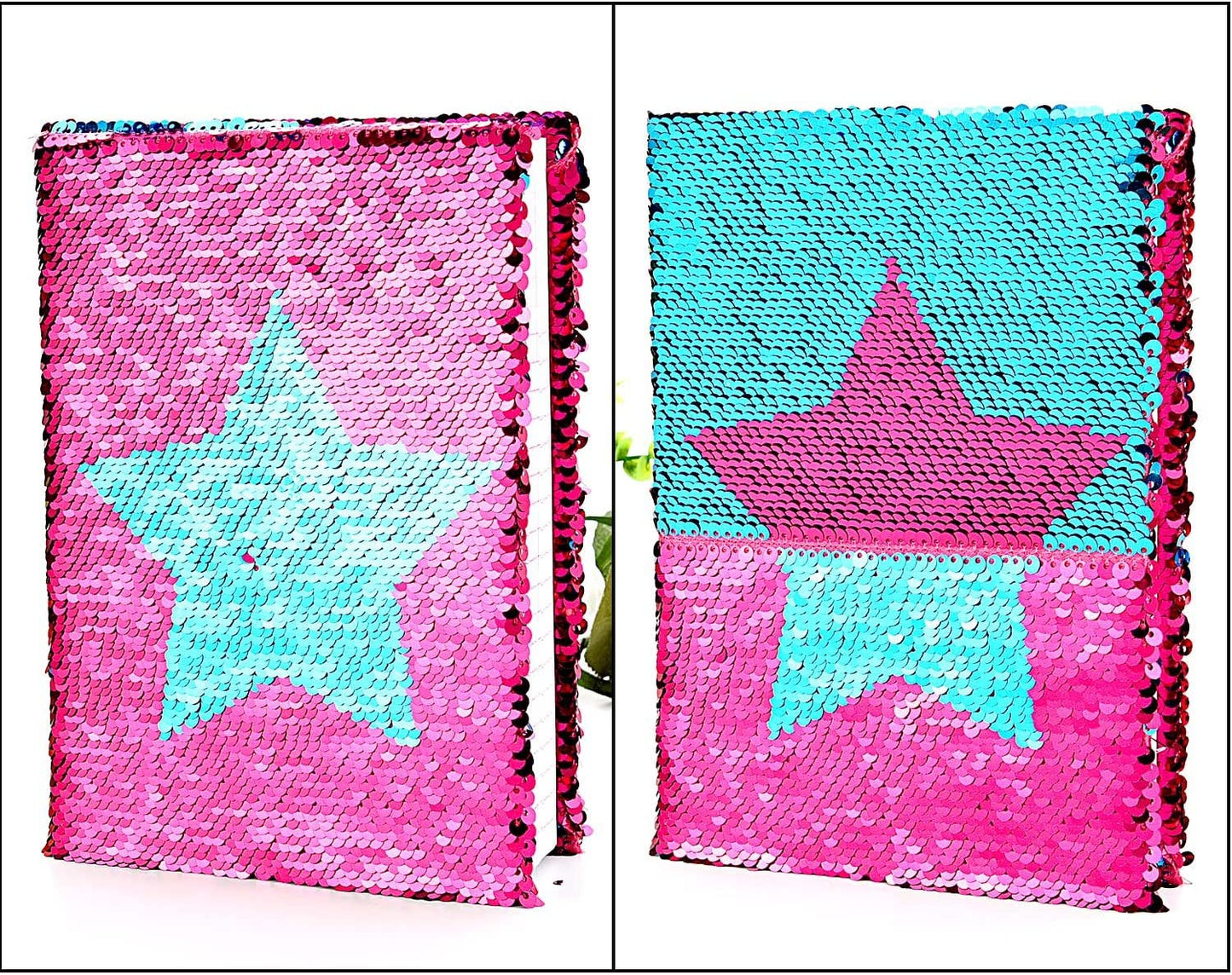 Maxdot Reversible Sequins Notebook Double Sided Flip Sequin Notebook Journal with Star Pattern, Blue and Pink - (For 8 piece(s))