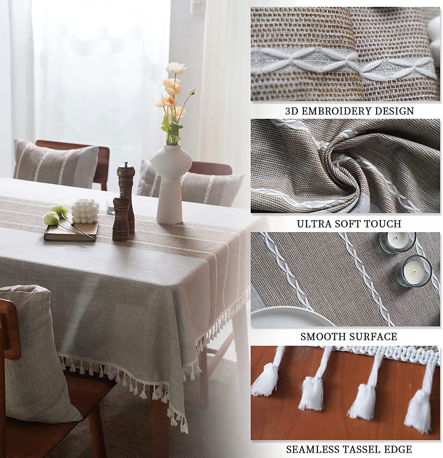 Mokani Middle Embroidery Table Cloth Washable Cotton Linen Tassel Tablecloth, Rectangle Wrinkle Free Anti-Fading Table Cover for Kitchen Dinning Thanksgiving Christmas (55 x 102 Inch, Brown) - (For 6 piece(s))