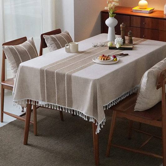 Mokani Middle Embroidery Table Cloth Washable Cotton Linen Tassel Tablecloth, Rectangle Wrinkle Free Anti-Fading Table Cover for Kitchen Dinning Thanksgiving Christmas (55 x 102 Inch, Brown) - (For 6 piece(s))