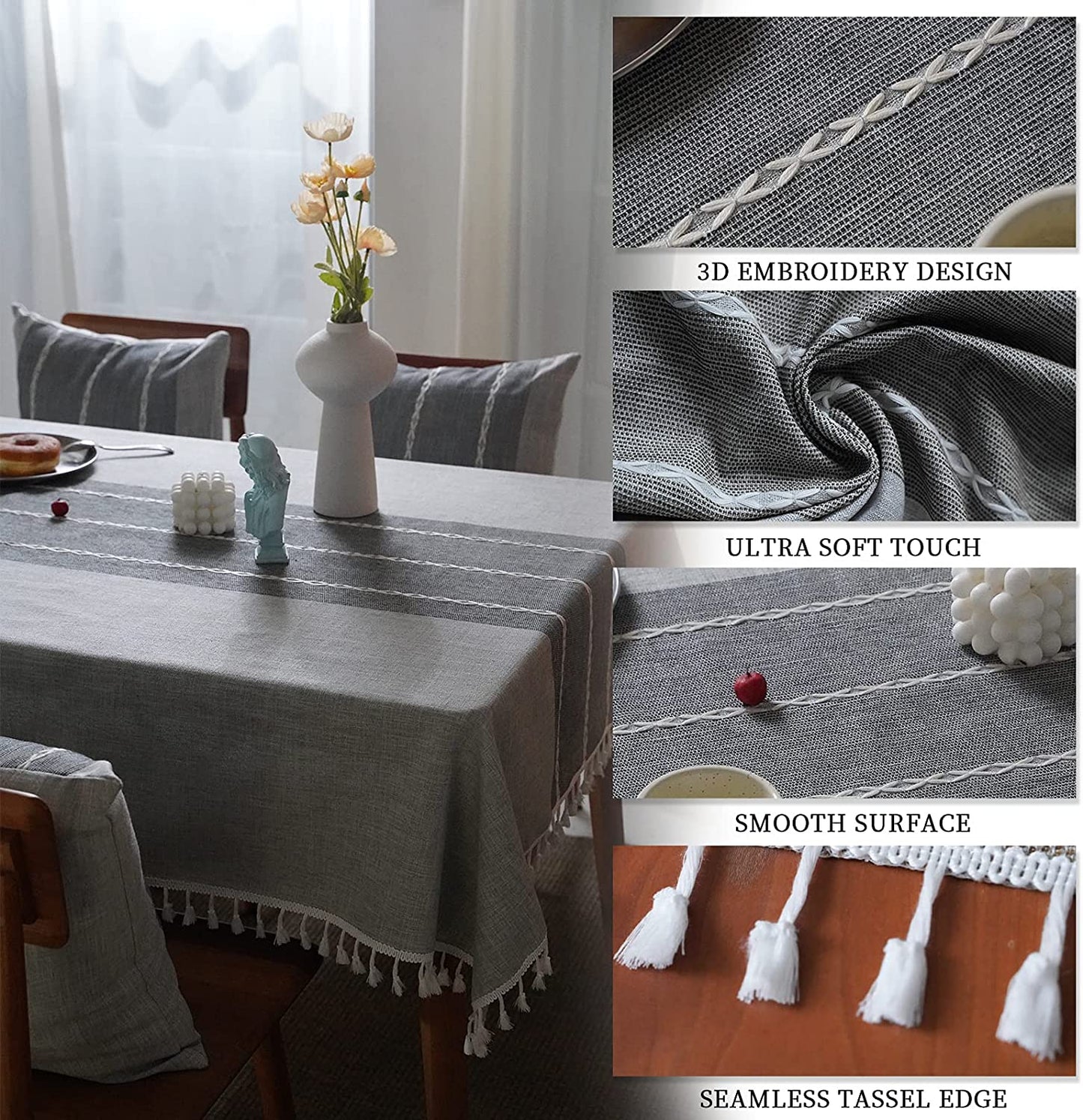 Mokani Middle Embroidery Table Cloth Washable Cotton Linen Tassel Tablecloth, Rectangle Wrinkle Free Anti-Fading Table Cover for Kitchen Dinning Thanksgiving Christmas (55 x 102 Inch, Gray) - (For 6 piece(s))