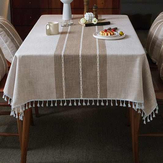 Mokani Middle Embroidery Table Cloth Washable Cotton Linen Tassel Tablecloth, Rectangle Wrinkle Free Anti-Fading Table Cover for Kitchen Dinning Thanksgiving Christmas (55 x 120 Inch, Brown) - (For 6 piece(s))
