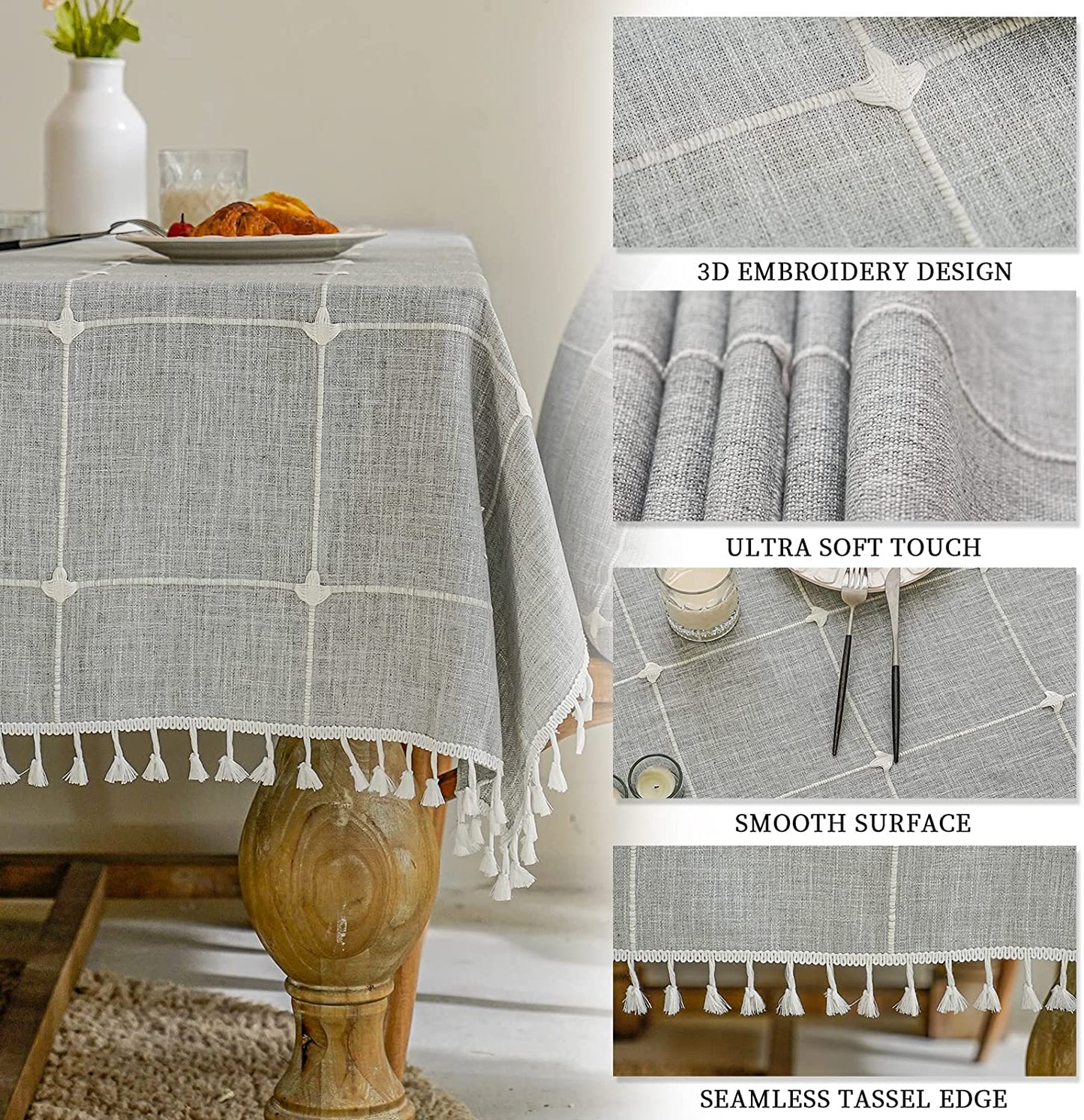 Mokani Solid Embroidery Checkered Table Cloth Washable Cotton Linen Tassel Tablecloth, Rectangle Wrinkle Free Anti-Fading Table Cover for Kitchen Dinning Thanksgiving Christmas (55 x 102 Inch, Gray) - (For 6 piece(s))