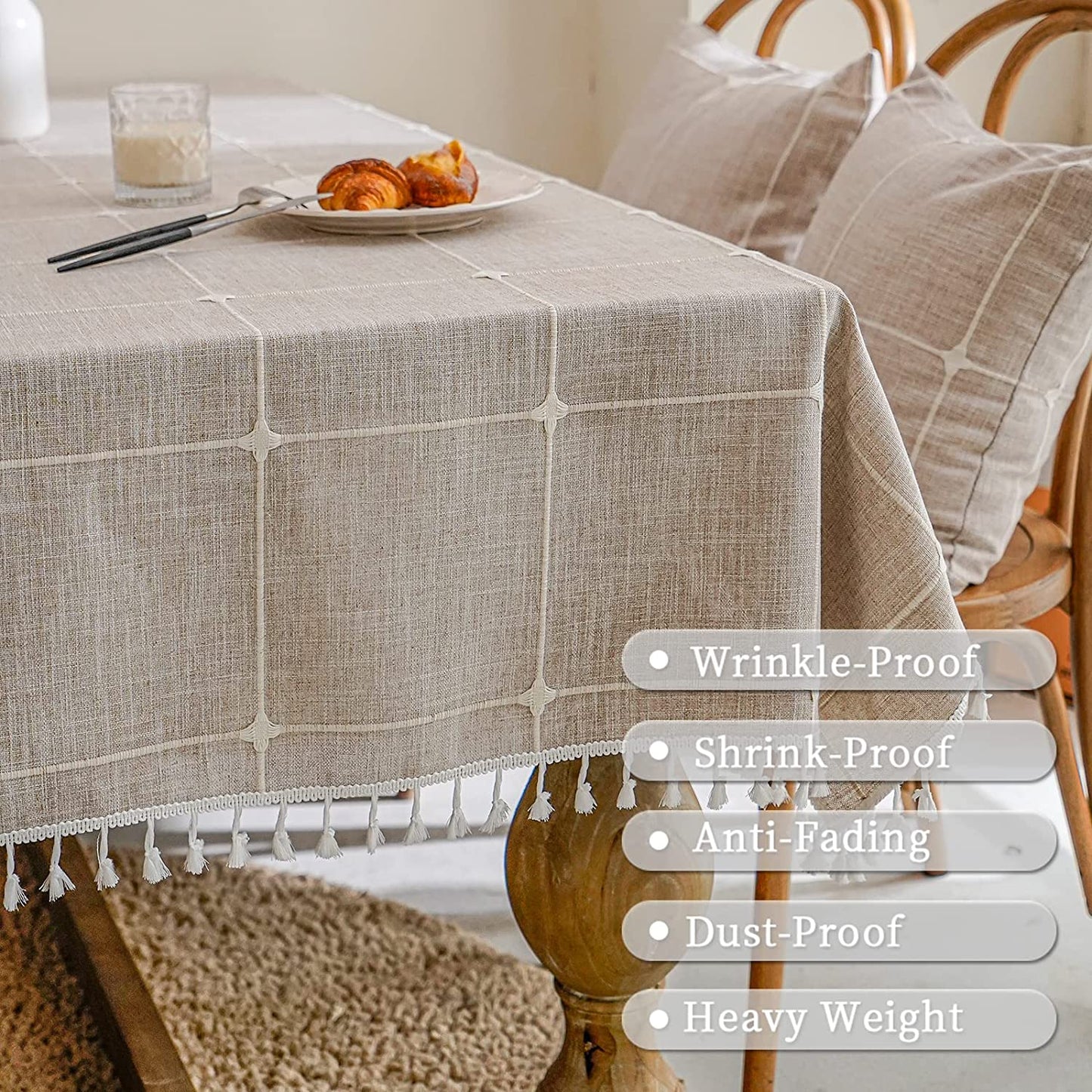 Mokani Solid Embroidery Checkered Table Cloth Washable Cotton Linen Tassel Tablecloth, Rectangle Wrinkle Free Anti-Fading Table Cover for Kitchen Dinning Thanksgiving Christmas (55 x 102 Inch, Brown) - (For 6 piece(s))