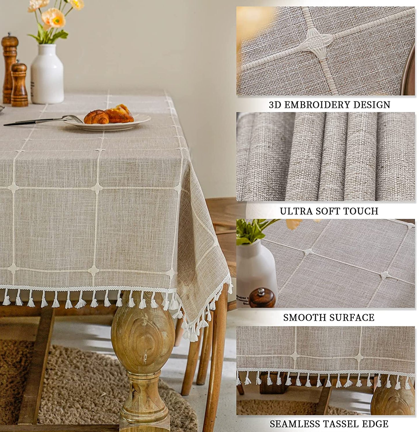 Mokani Solid Embroidery Checkered Table Cloth Washable Cotton Linen Tassel Tablecloth, Rectangle Wrinkle Free Anti-Fading Table Cover for Kitchen Dinning Thanksgiving Christmas (55 x 102 Inch, Brown) - (For 6 piece(s))
