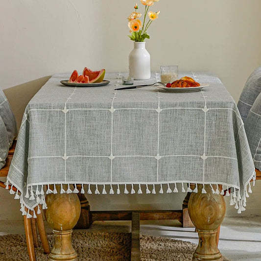 Mokani Solid Embroidery Checkered Table Cloth Washable Cotton Linen Tassel Tablecloth, Rectangle Wrinkle Free Anti-Fading Table Cover for Kitchen Dinning Thanksgiving Christmas (55 x 120 Inch, Gray) - (For 6 piece(s))