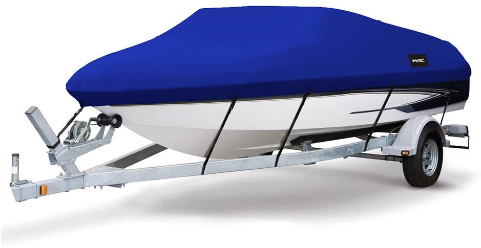 MSC Heavy Duty 600D Marine Grade Polyester Canvas Trailerable Waterproof Boat Cover,Fits V-Hull,Tri-Hull, Runabout Boat Cover (Pacific Blue, Model D - Length:17'-19' Beam Width: up to 96") - (For 1 piece(s))
