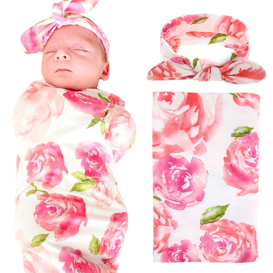 Newborn Baby Swaddle Blanket and Headband Value Set,Receiving Blankets, Pink Flower - (For 8 piece(s))