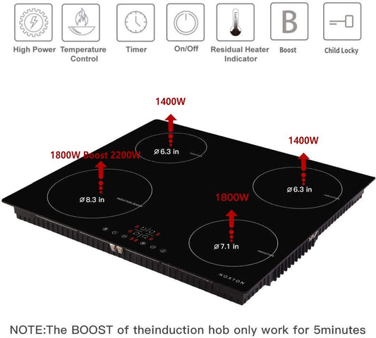 NOXTON Induction Cooktop, Electric Boost Stove Built-in 4 Burners Induction Cooker Black Glass with Touch Control, Child Lock, Timer, Hard Wired, Easy Cleaning Induction Cooker, 6400W, 220V~240V - (For 1 piece(s))