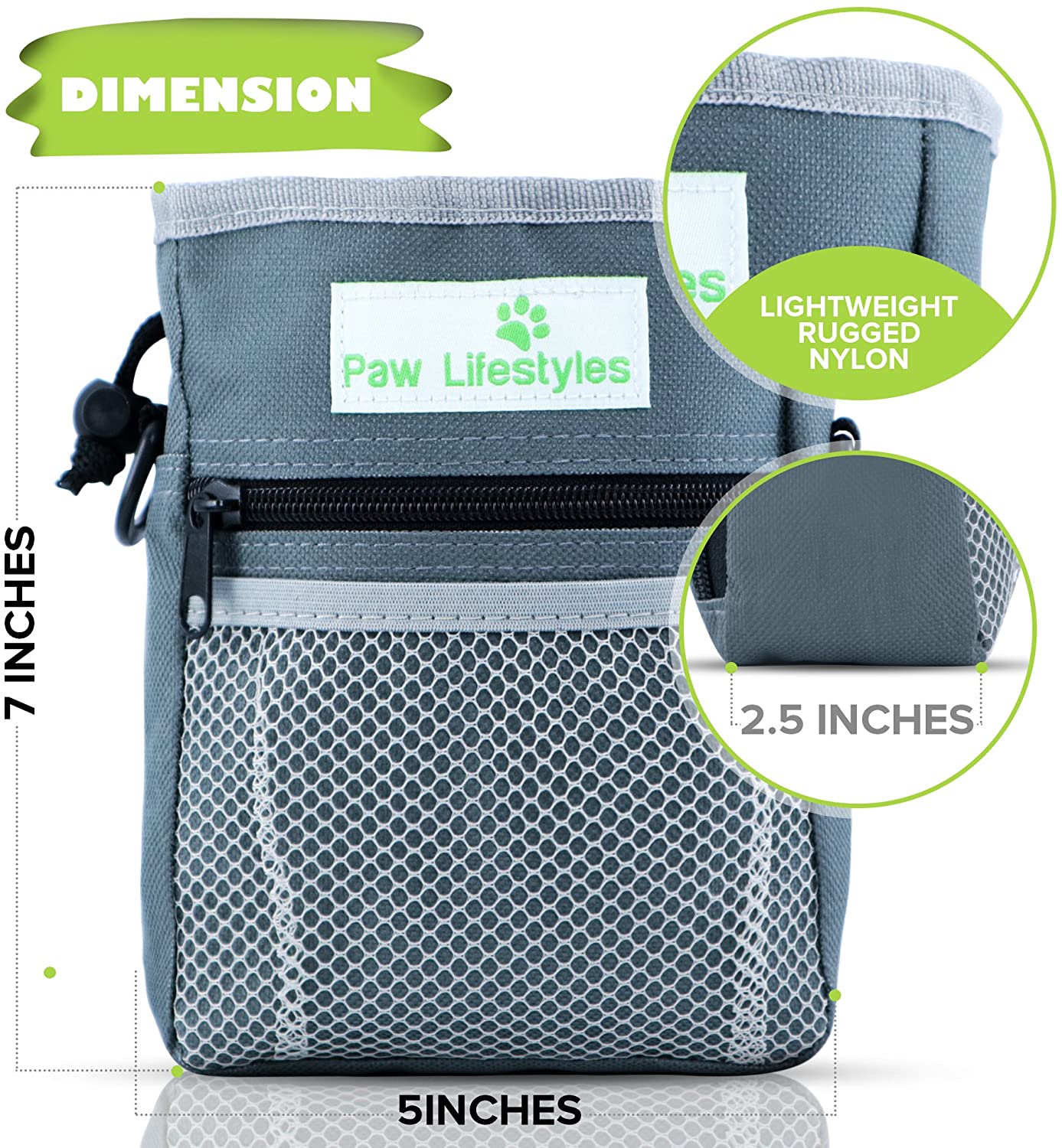 Paw Lifestyles – Dog Treat Training Pouch – Easily Carries Pet Toys, Kibble, Treats – Built-in Poop Bag Dispenser – 3 Ways to Wear – Grey - (For 8 piece(s))